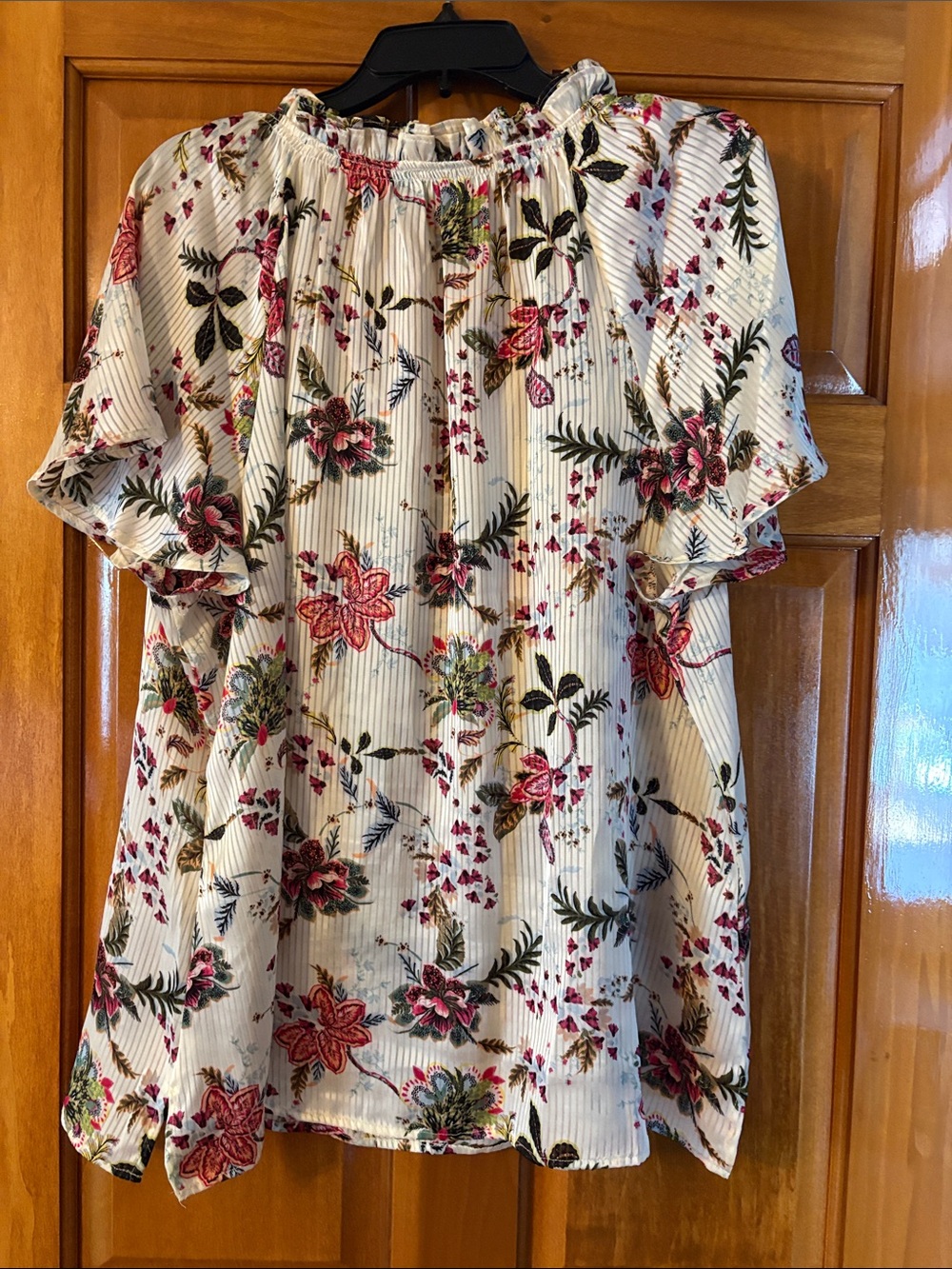 Lane Bryant Cream Floral Pintuck Blouse with Pink & Green Accents